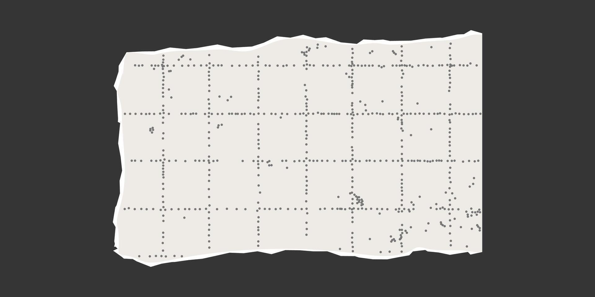 Torn rectangular sheet of checkered paper with uneven edges on dark background. Dotted textured background, noisy gritty effect. Banner template, empty space for text, ripped vintage frame. vector