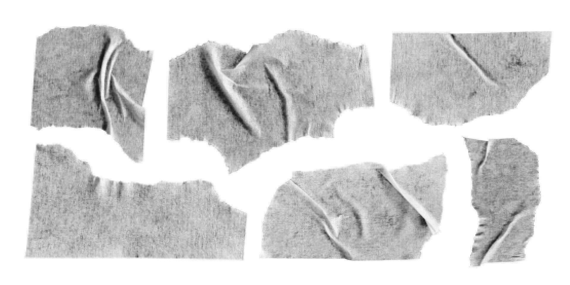 Set of halftone collage elements isolated on white background. Torn pieces of paper tape with jagged edges. Cut and ripped sheets, illustration. vector
