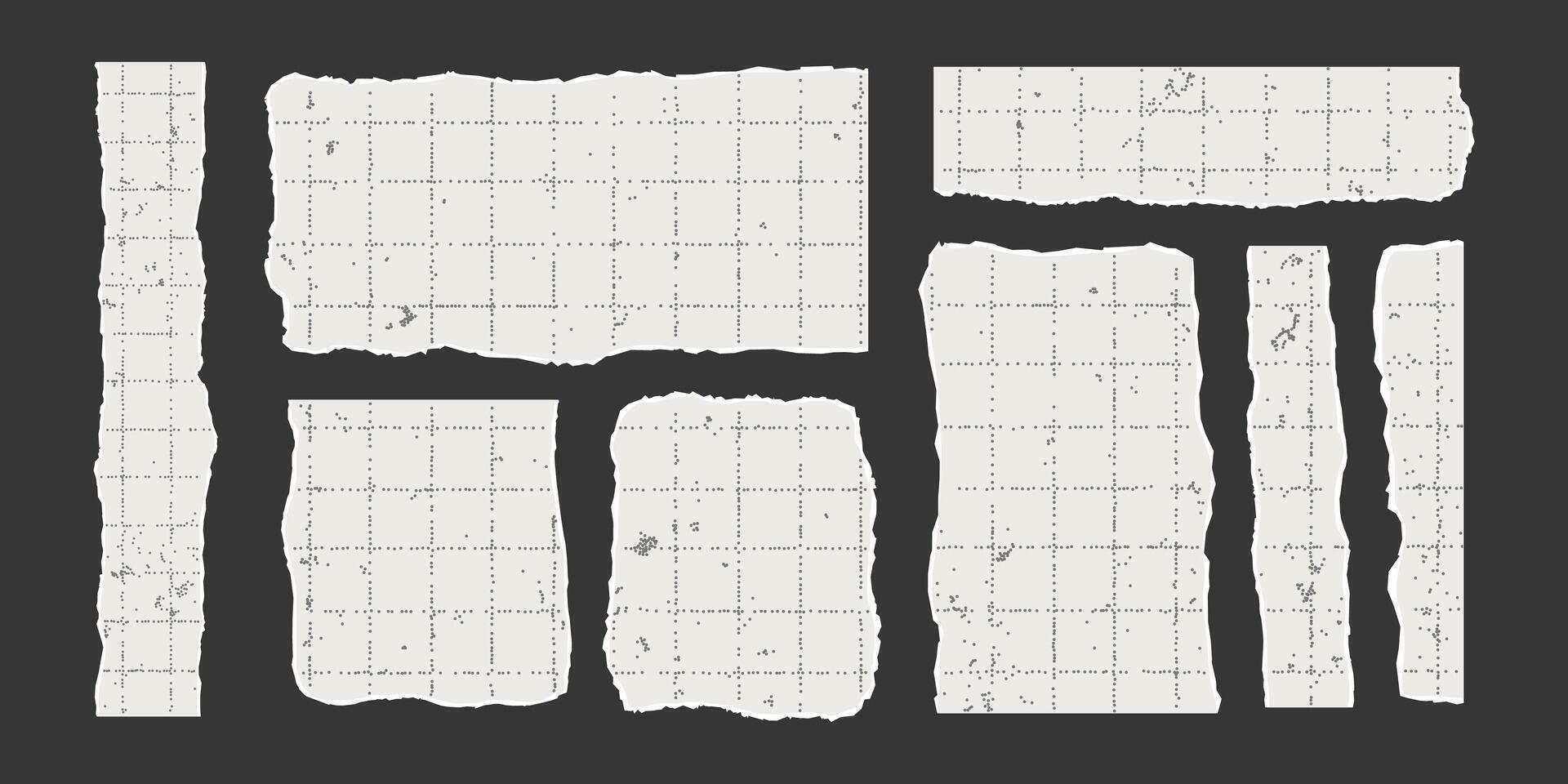 Set of torn rectangular sheets of aged checkered paper with jagged edges. Ripped elements of different shapes and sizes with gritty texture. Empty space for text, banner template. vector