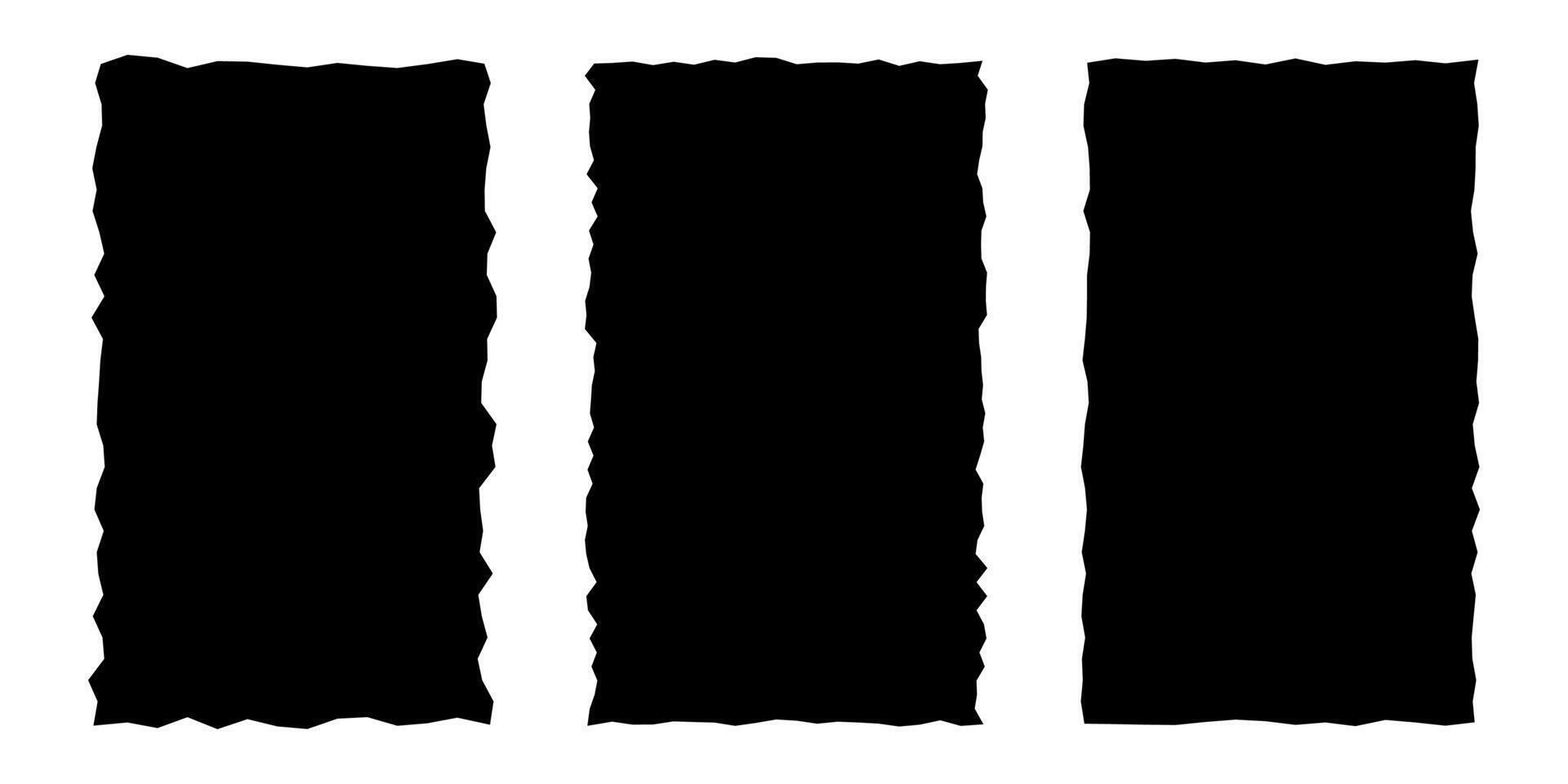 Set of vertical black frames, torn paper shape, rectangles with jagged edges isolated on white background. Template for text, banner. vector