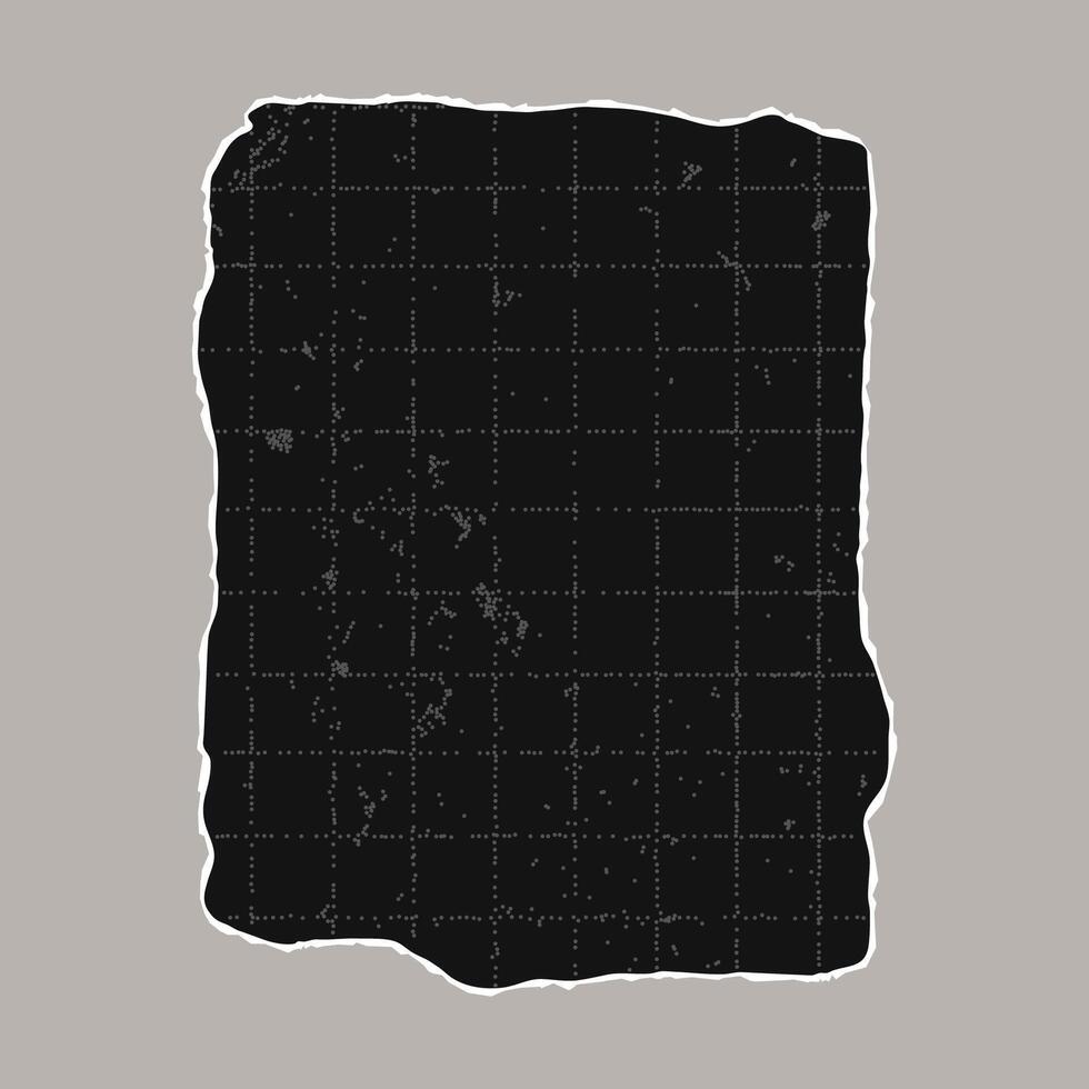 Black torn sheet of checkered paper with jagged edges. Black dotted textured background, noisy gritty dot effect. Banner template, empty space for text, torn distressed element. vector