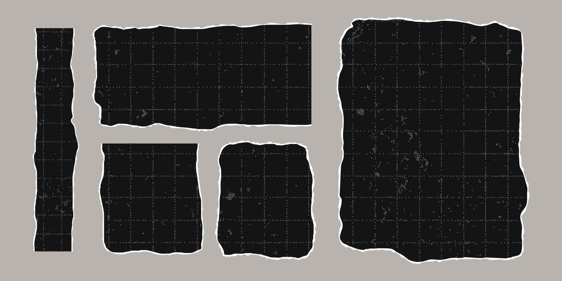 Set of black torn rectangular sheets of checkered paper with jagged edges. Ripped grunge elements for collage. Empty space for text, banner template. vector