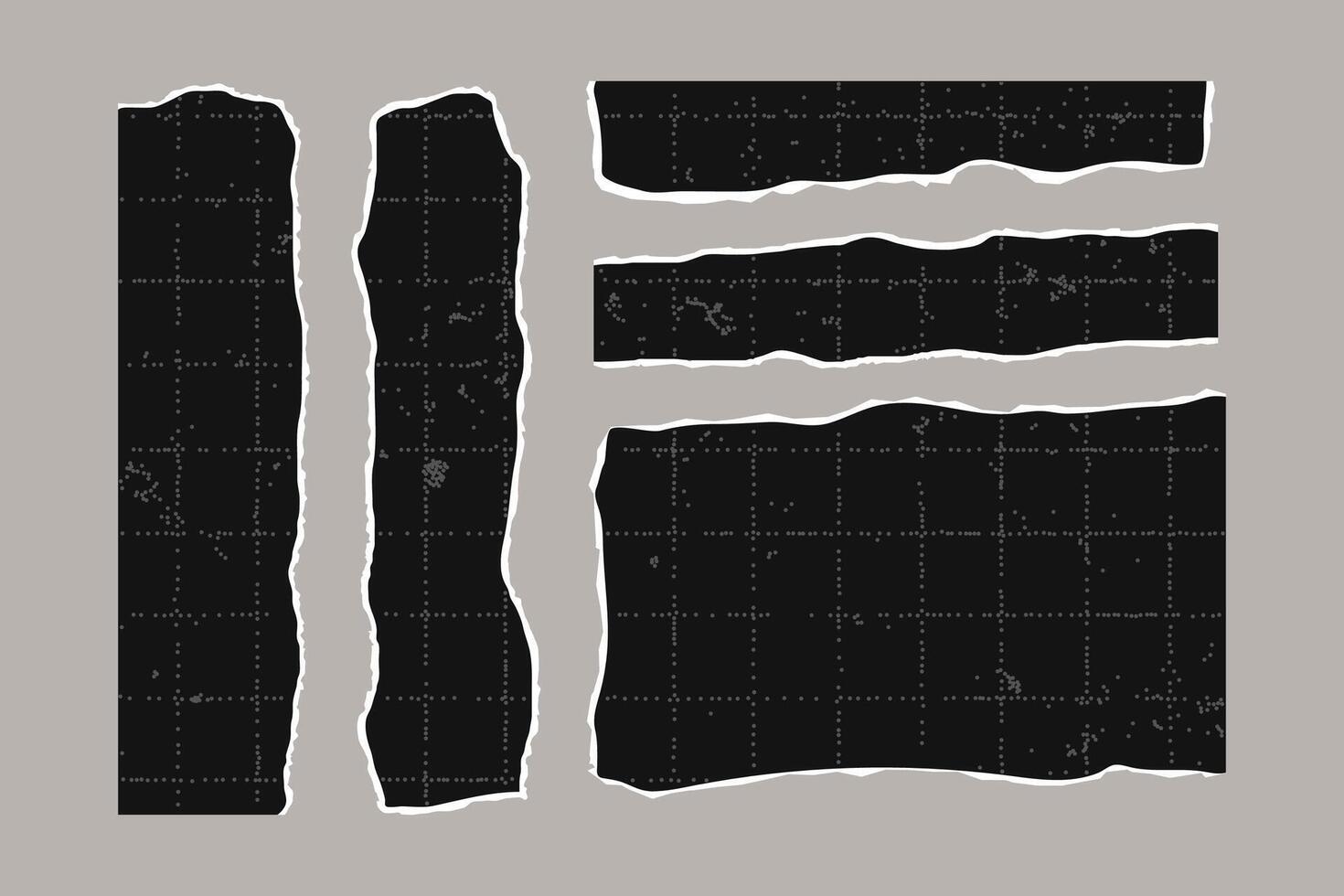 Set of black torn rectangular sheets of checkered paper with jagged edges. Ripped vintage elements for collage. Empty space for text, banner template. vector