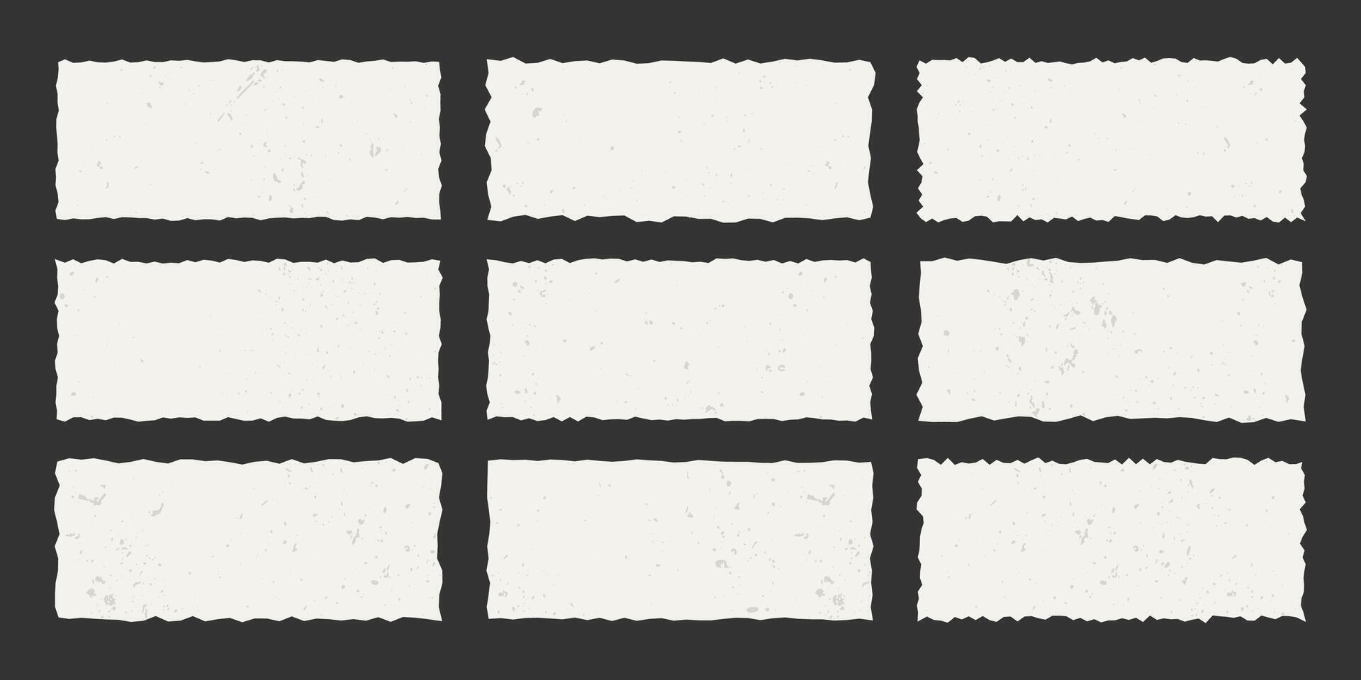 Set of vintage torn rectangular paper sheets with jagged edges. Ripped elements with gritty texture. Empty space for text, template. vector