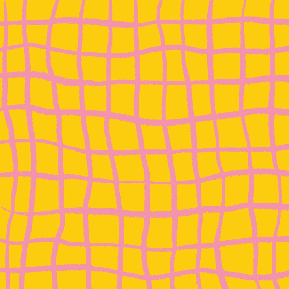 Hand drawn yellow checkered pattern with pencil. scribbles, stripes, crosshatch of bright retro colors. Doodle square shapes, textured lines. vector