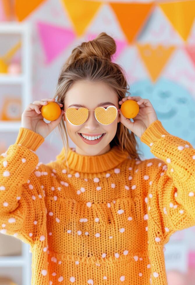 Young Woman in Yellow Sweater Holding Oranges Against Bright Yellow Background photo
