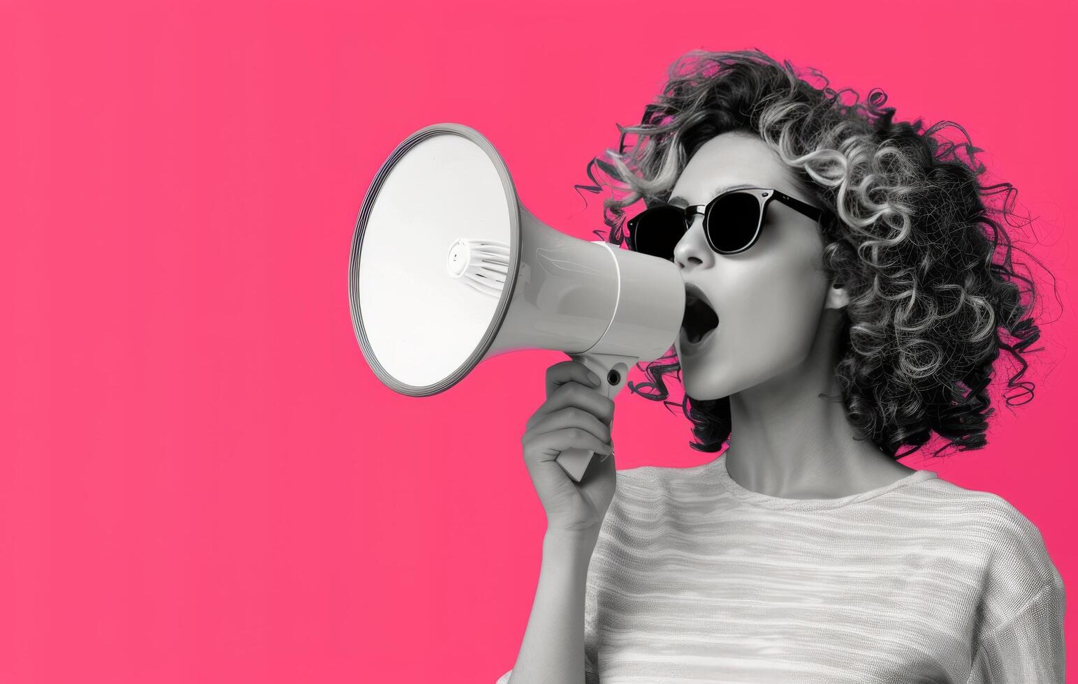 Woman Shouting Through Megaphone Against Bright Pink Background photo