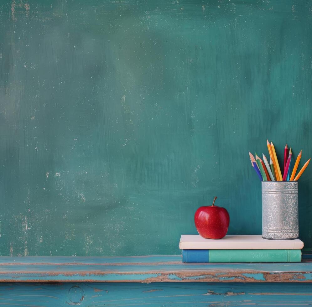 Classroom Desk With Books, Red Apple, And Colorful Pencils On Green Chalkboard Background photo