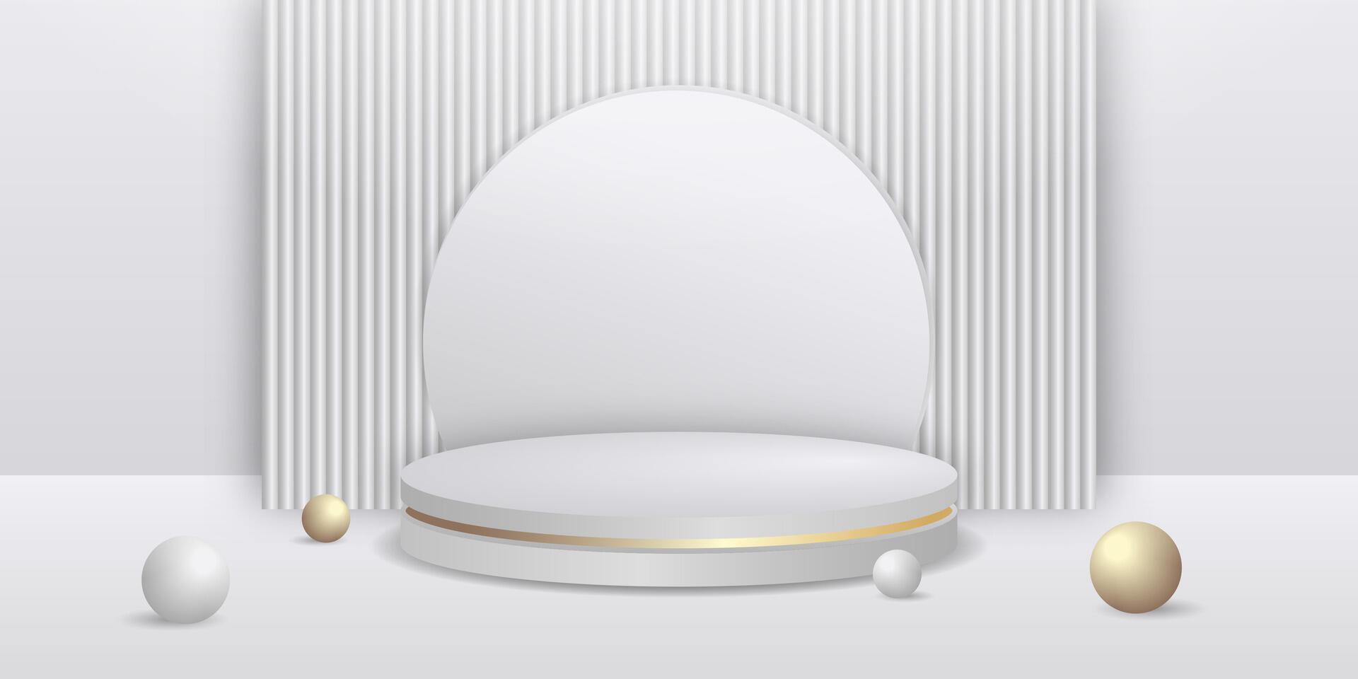 Abstract shine silver cylinder podium. Sci-fi white empty room concept with silver and golden balls. rendering 3d shape, Product display presentation. Minimalist wall scene. vector