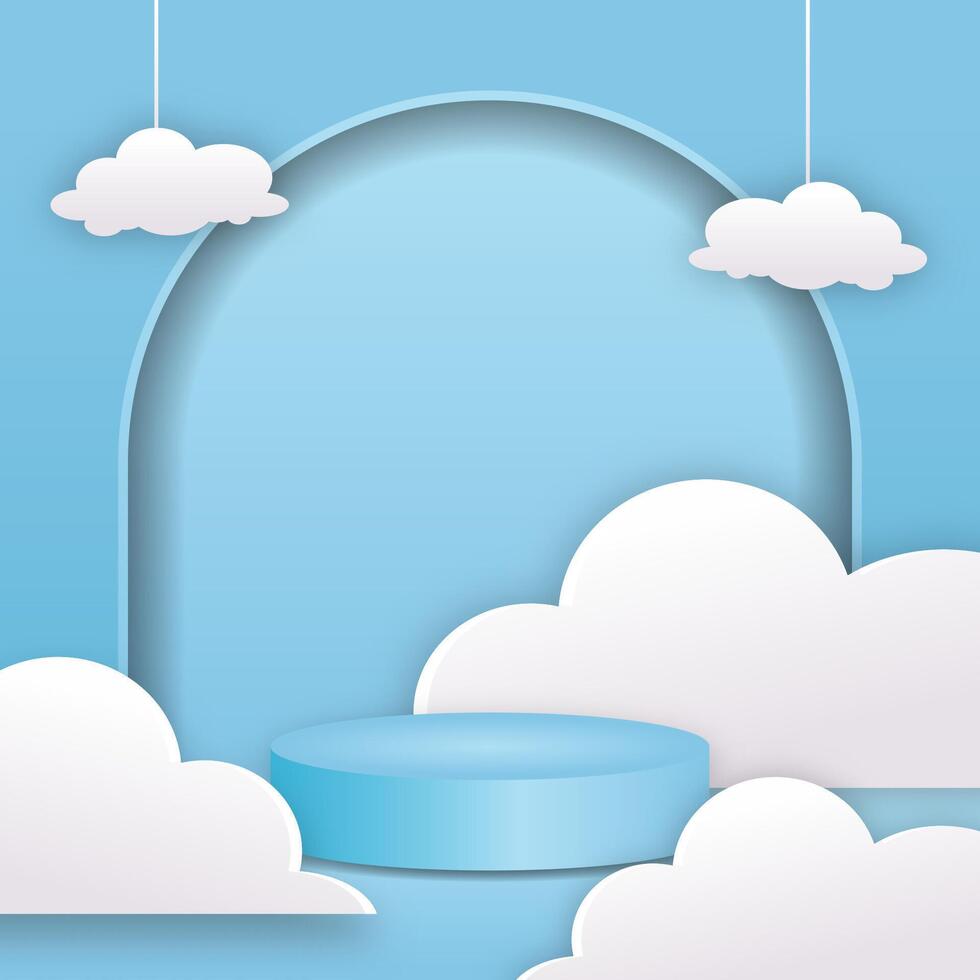 3D Blue Podium with cute realistic clouds, Modern Product Display and Mockup Showcase vector