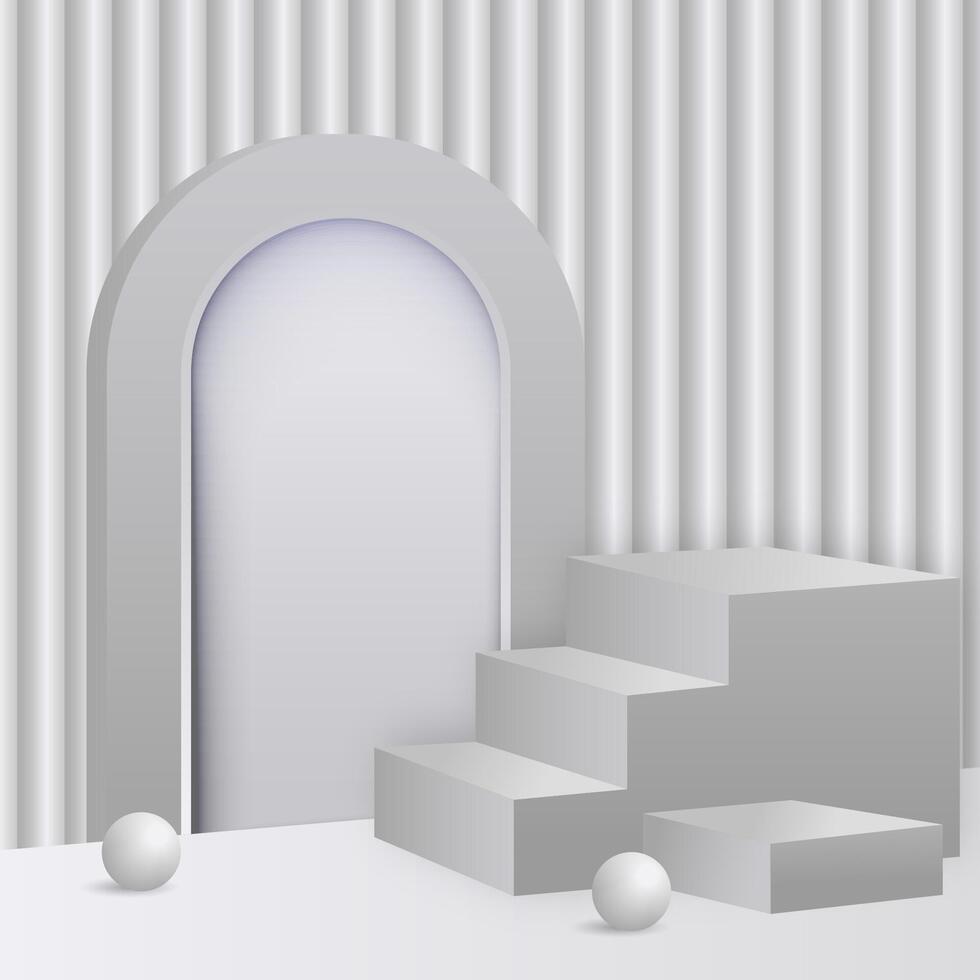 White stairs with arch wall copy space background. Empty podium for product showcase in 3d illustration. vector