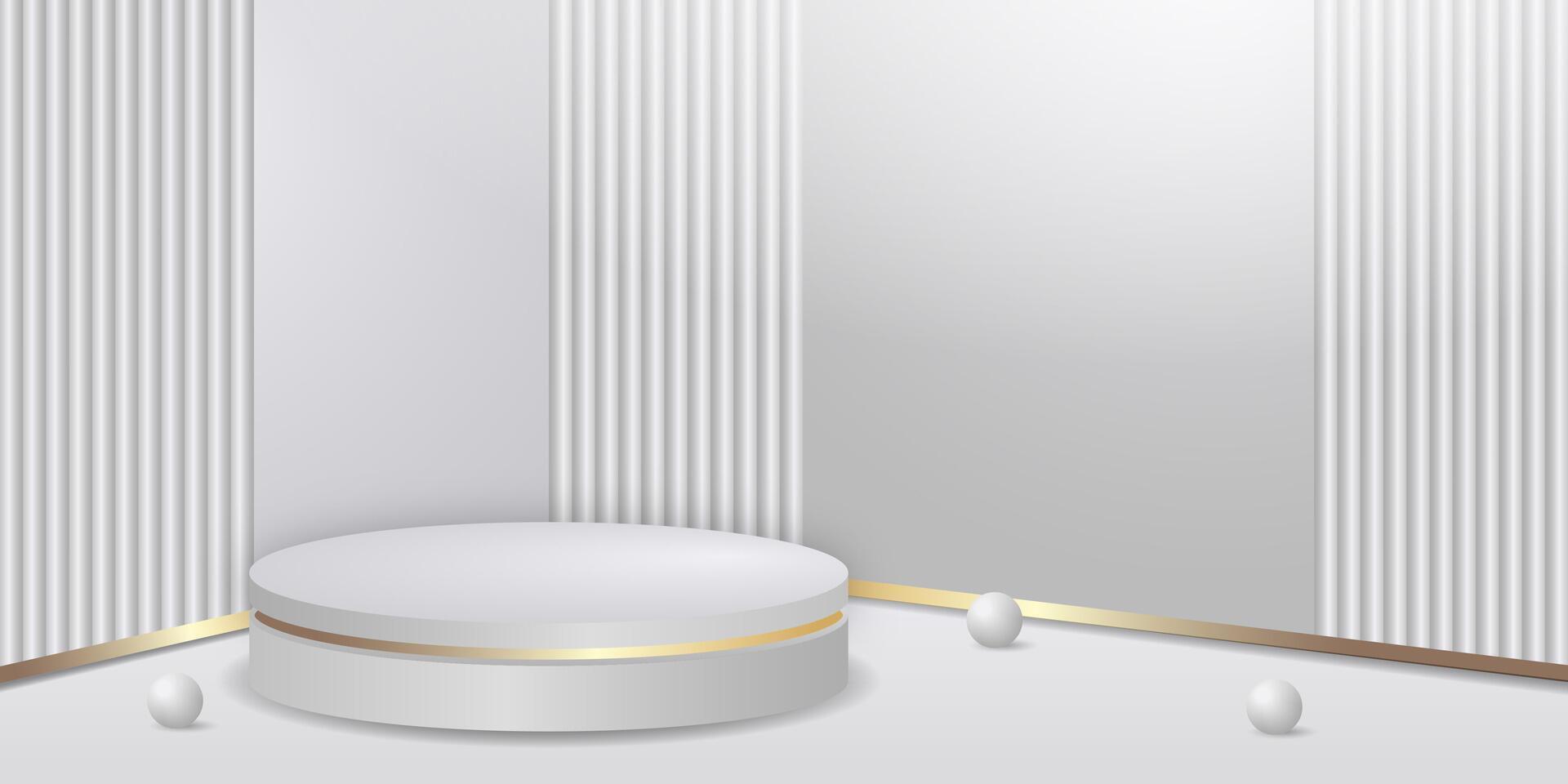 White realistic 3d cylinder pedestal podium with silver spheres of balls background. Product display presentation. Minimal scene. vector