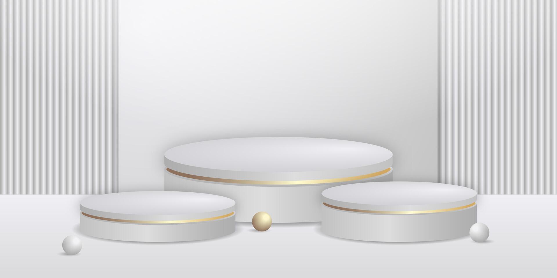 Realistic white 3D cylinder podium on the wall background with silver and golden spheres of balls. Luxury minimal scene for mockup products showcase, Promotion display. vector
