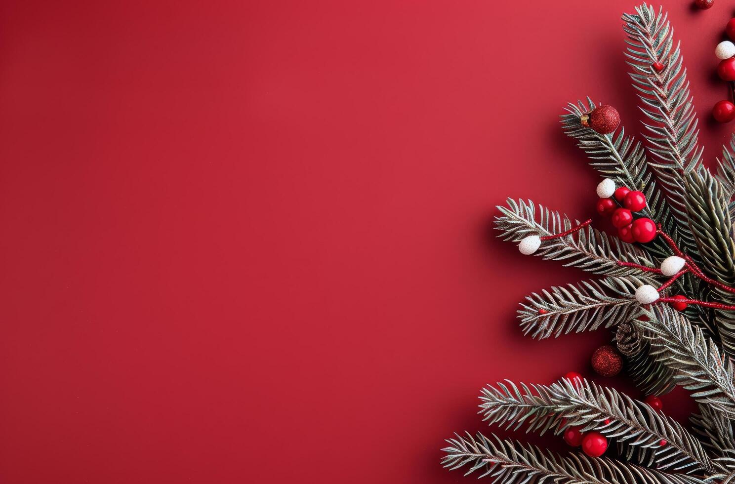 Festive Pine Branches With Red Ornaments and Pine Cones on a Rich Red Background photo