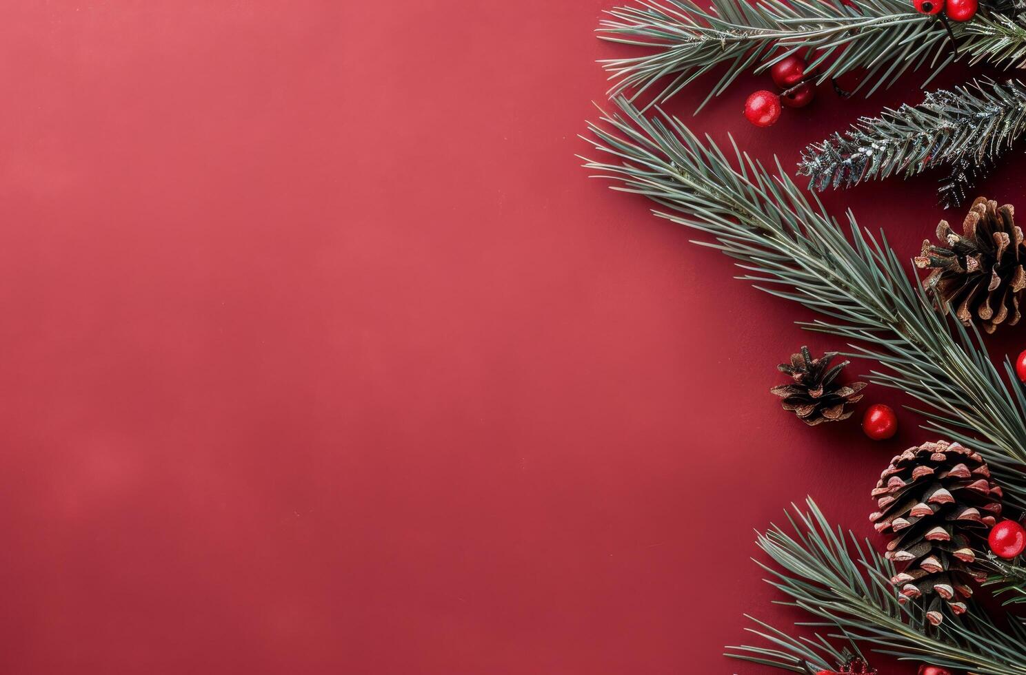 Festive Pine Branches With Red Ornaments and Pine Cones on a Rich Red Background photo