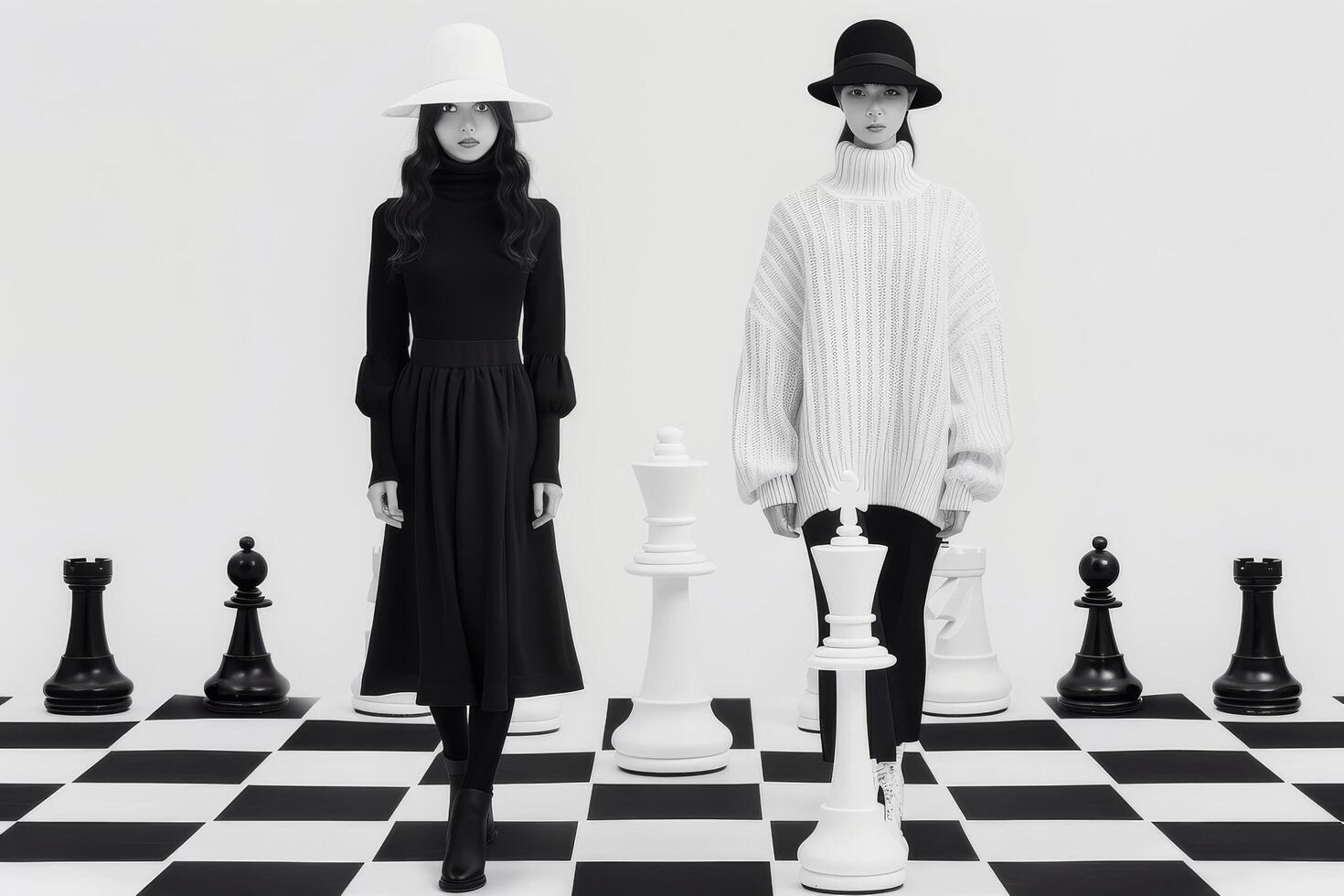 Fashion Models in Black and White Attire on a Chessboard Set photo