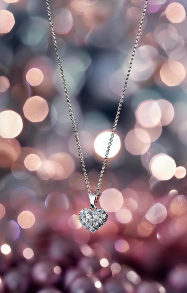 Heart-Shaped Diamond Pendant Hanging Against a Blurred Background of Sparkling Lights photo