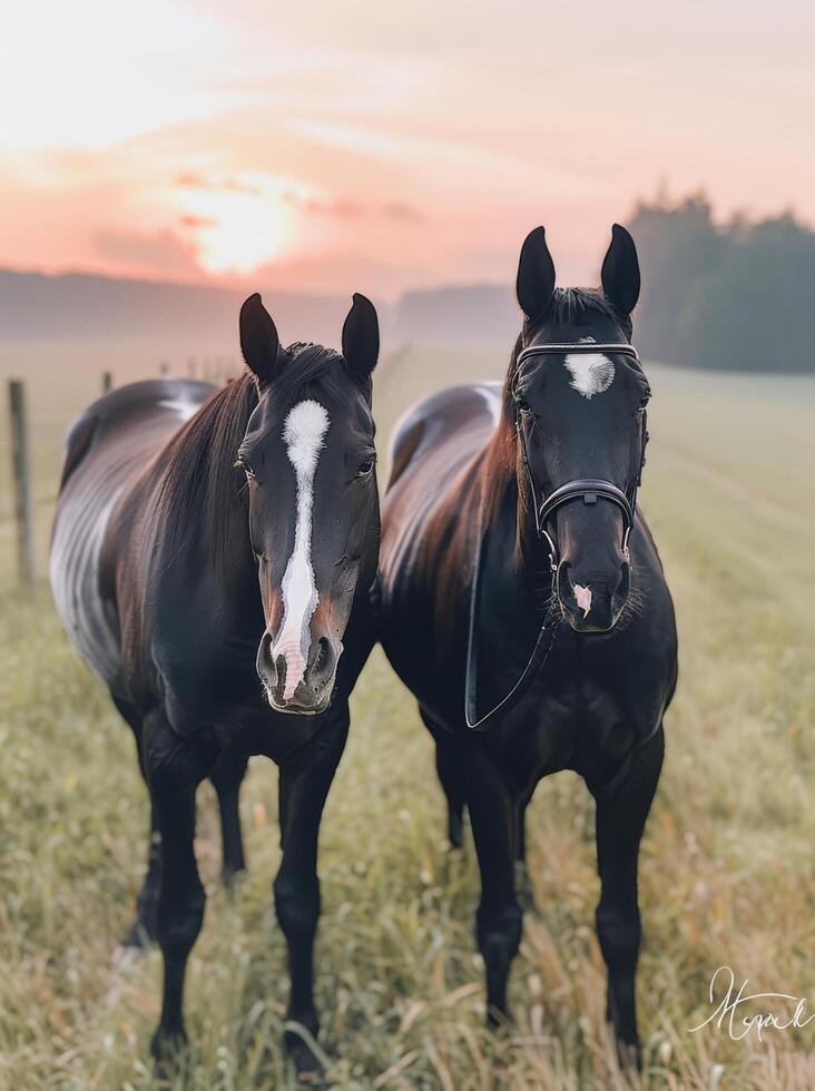 Horses Observing a Misty Sunrise Over a Pasture in Early Morning photo