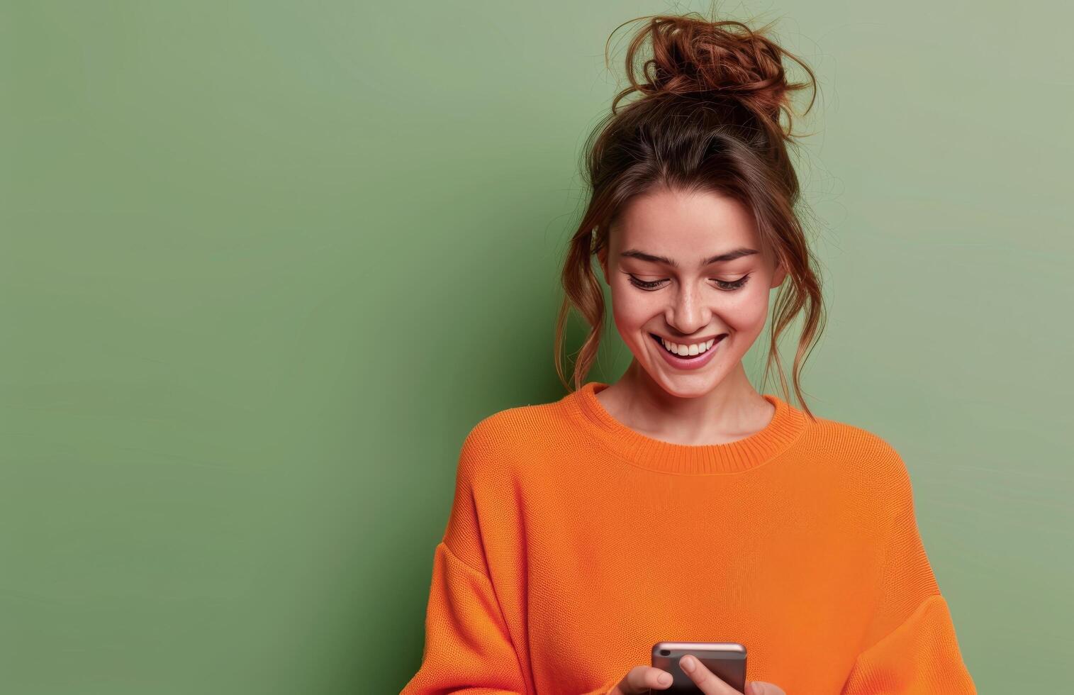 Young Woman Smiling While Texting on Smartphone Against Green Background photo