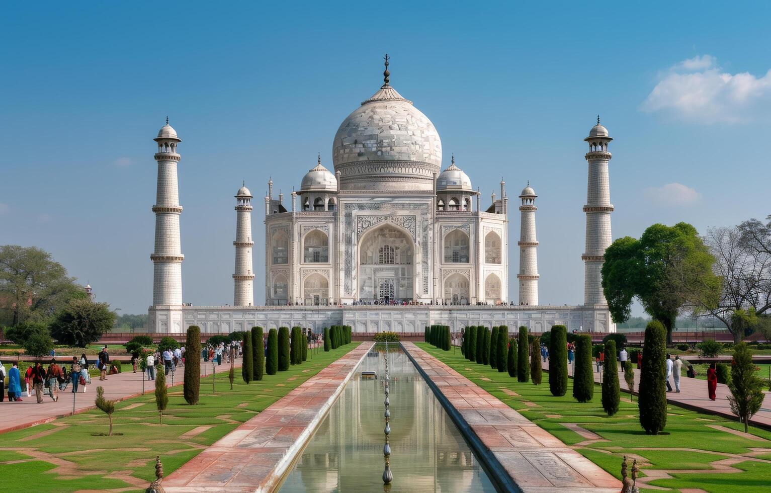 Majestic Taj Mahal at Sunrise Surrounded by Lush Gardens in Agra, India photo