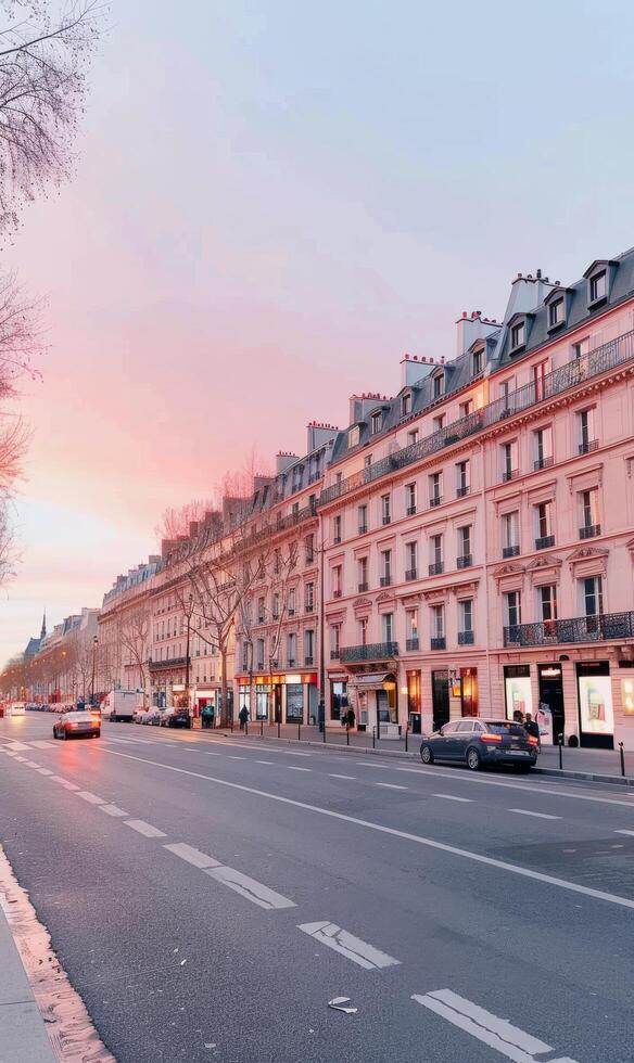 Sunset Over Parisian Street With Classic Architecture in the Evening photo
