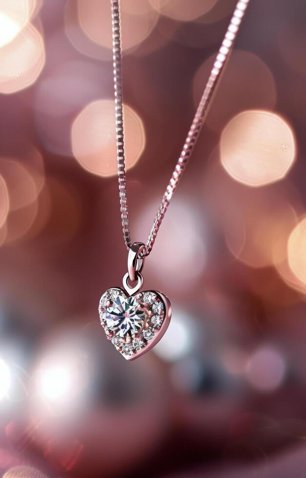 Heart-Shaped Diamond Pendant Hanging Against a Blurred Background of Sparkling Lights photo
