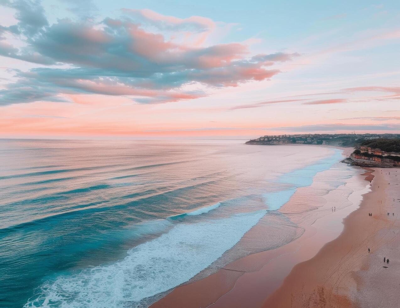 Serene Beachfront View at Morning With Surfers and Swimmers Enjoying the Waves photo