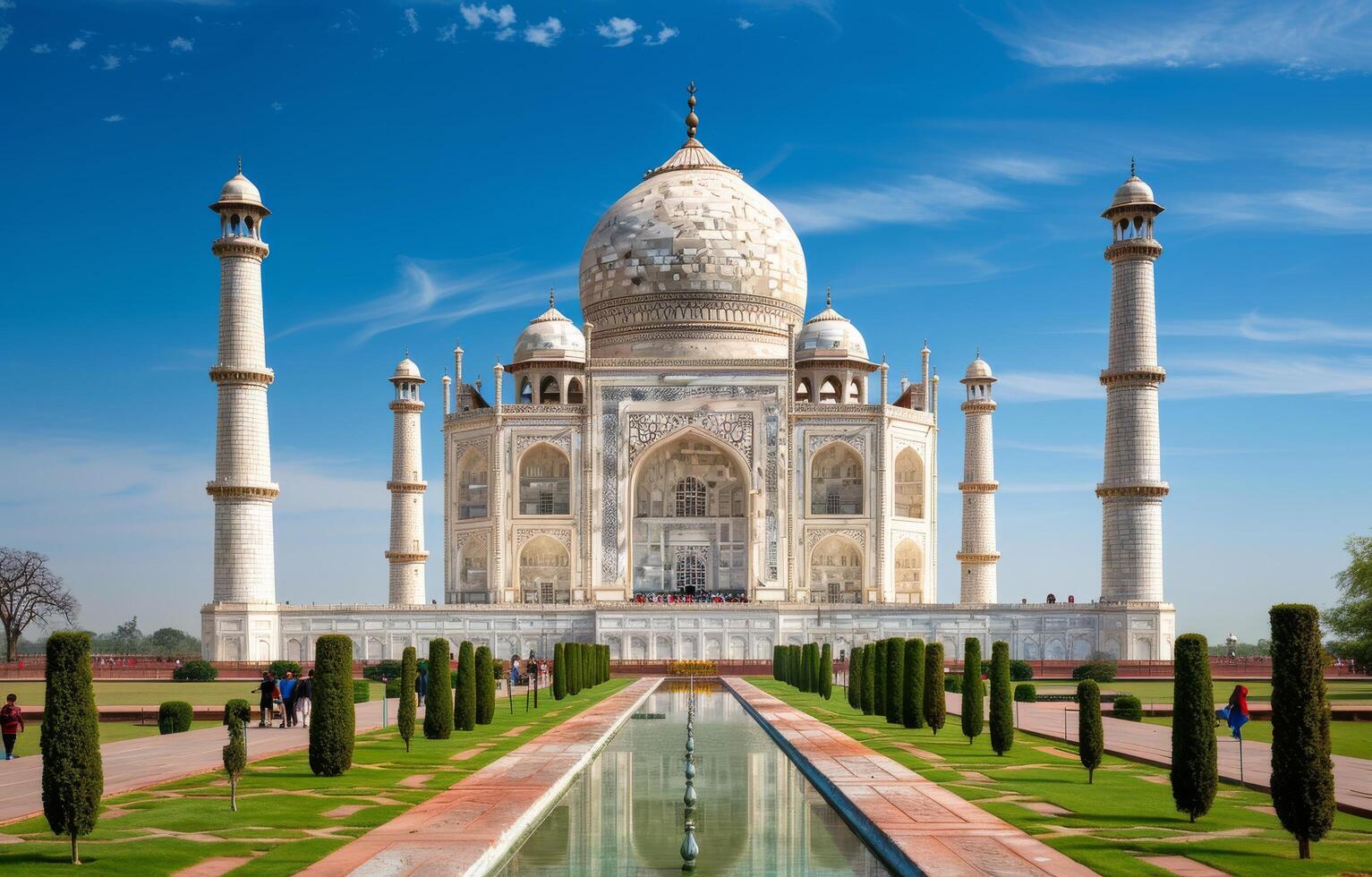 Majestic Taj Mahal at Sunrise Surrounded by Lush Gardens in Agra, India photo