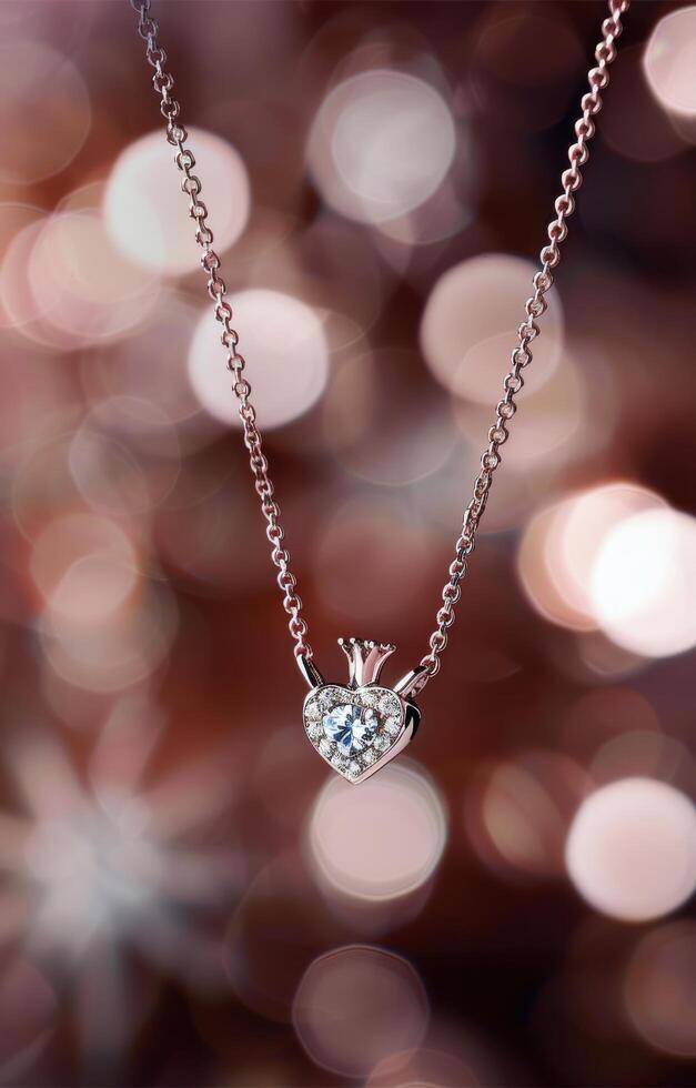 Heart-Shaped Diamond Pendant Hanging Against a Blurred Background of Sparkling Lights photo