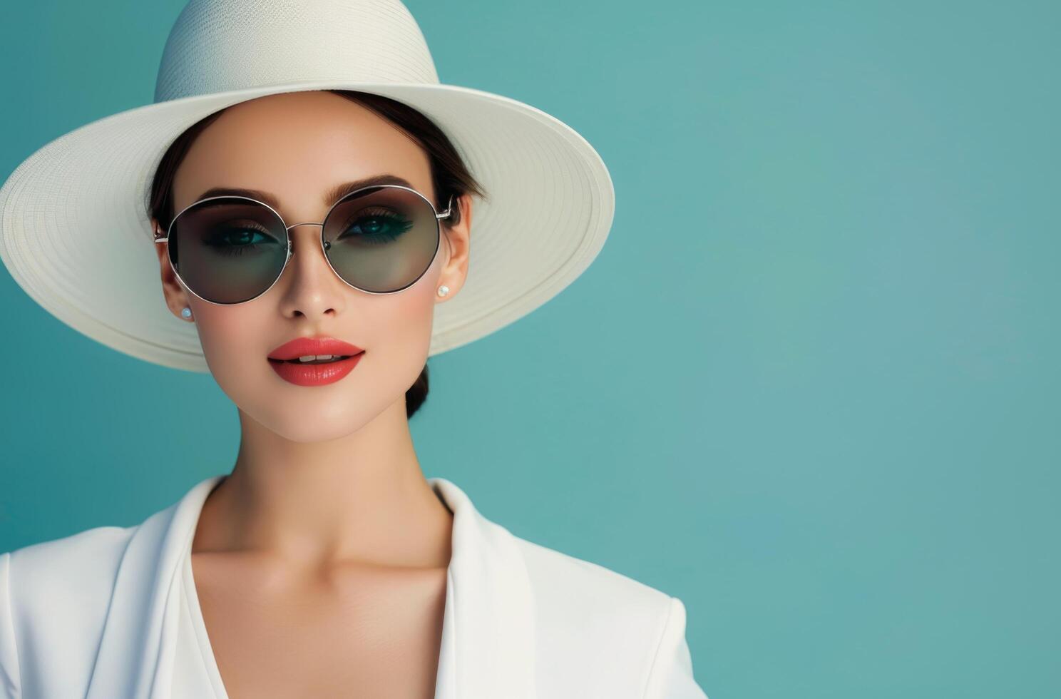 Fashion Model Wearing White Hat and Sunglasses Against Light Blue Background photo