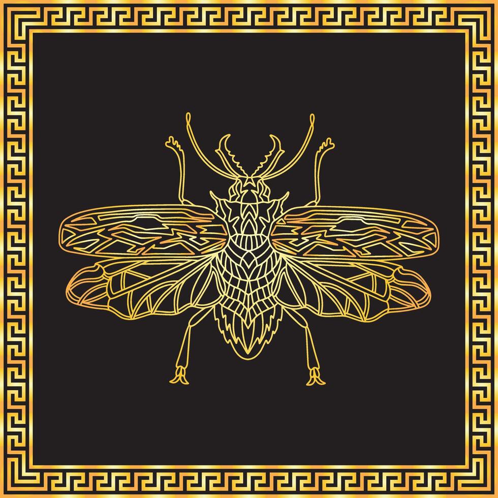 A golden beetle with a golden square frame in Greek style. vector