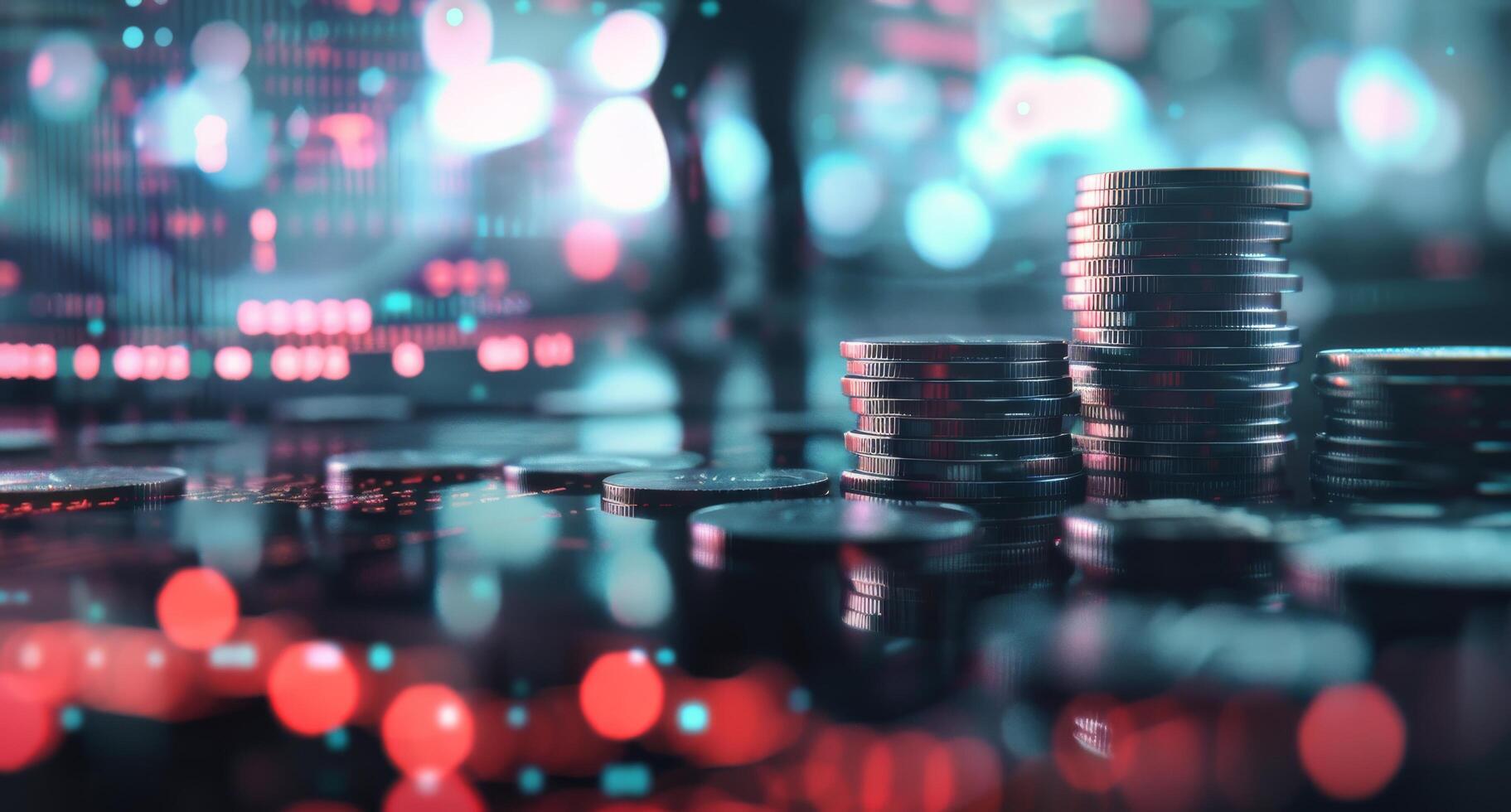Stacked Coins on Table With Blurred Financial Activity in Background photo