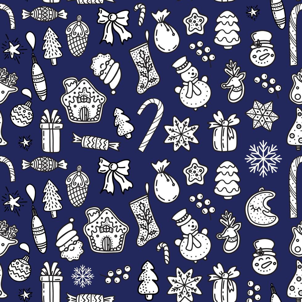 seamless pattern of linear Xmas icons on blue background vector