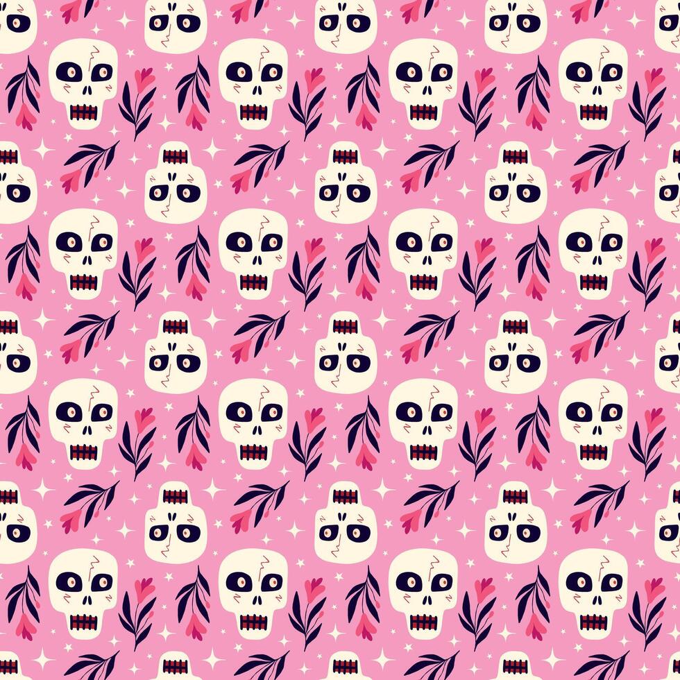 Pink Halloween pattern with mystical Gothic skulls. vector