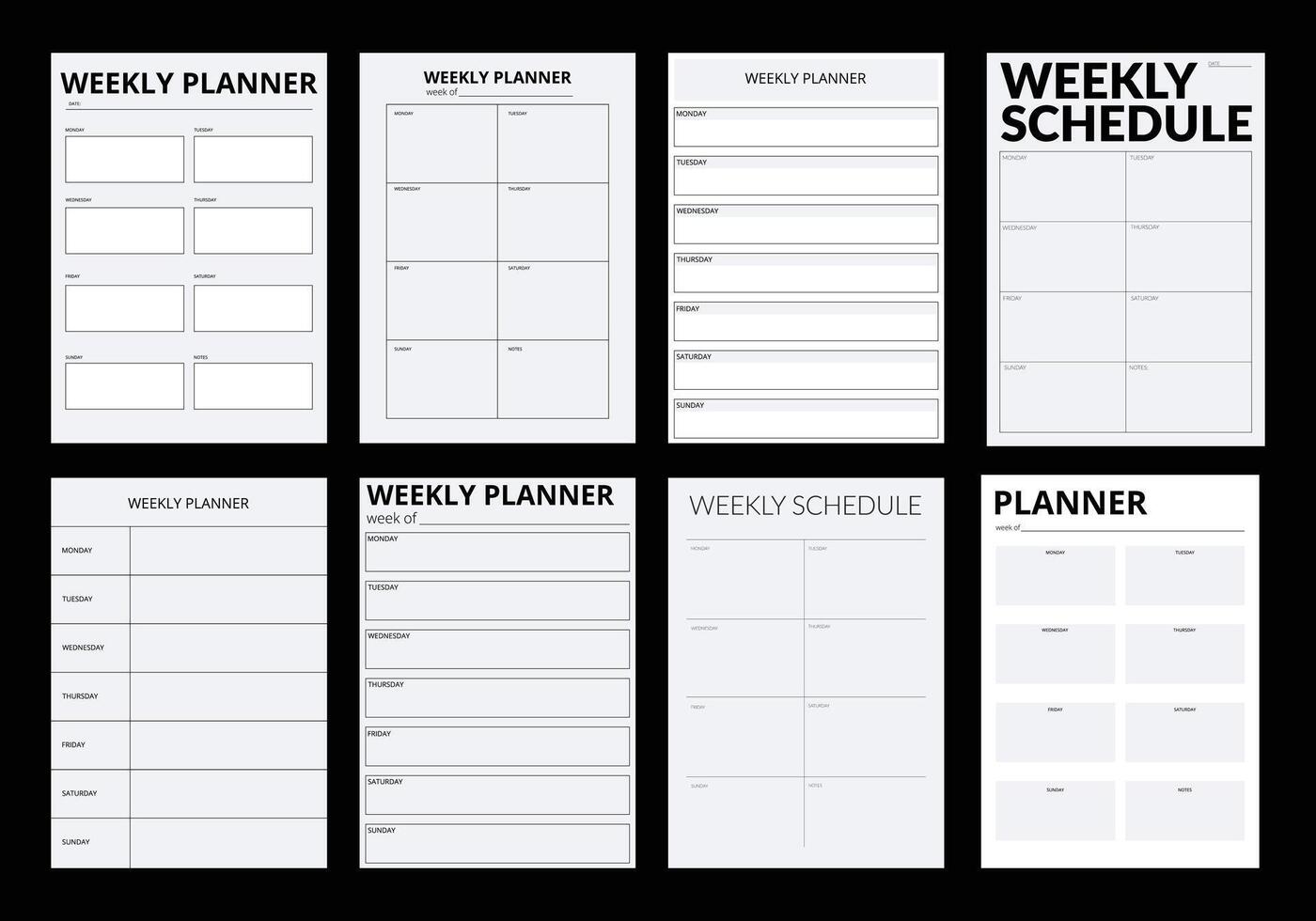 A collection of planner and diary pages in a minimalistic style. A modern business organizer with notes and goals. Planner page template. vector