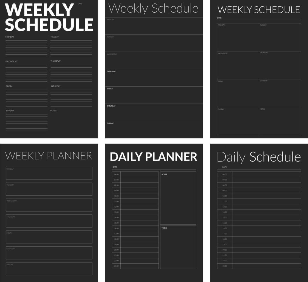 A collection of black diary pages in a minimalistic style. A modern business organizer with notes and goals. Planner page template. vector