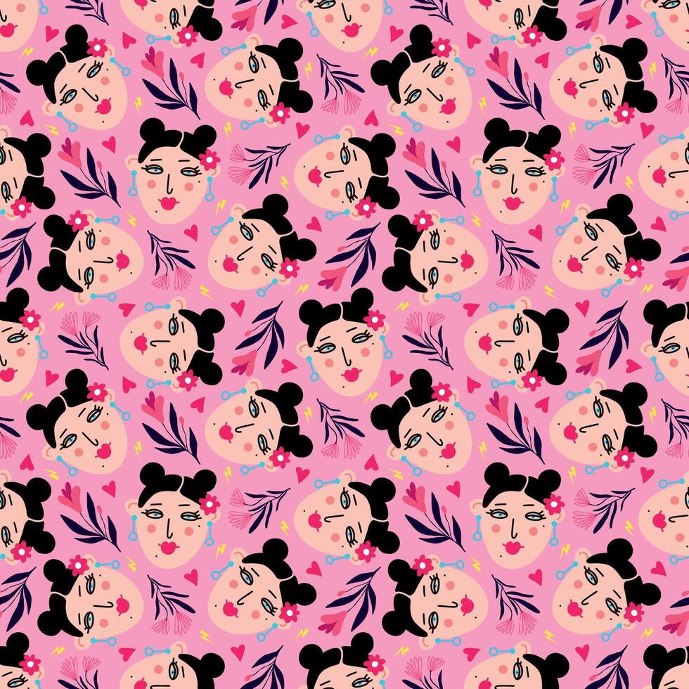 Vibrant pattern with comical brunettes with cute faces and bright colors vector