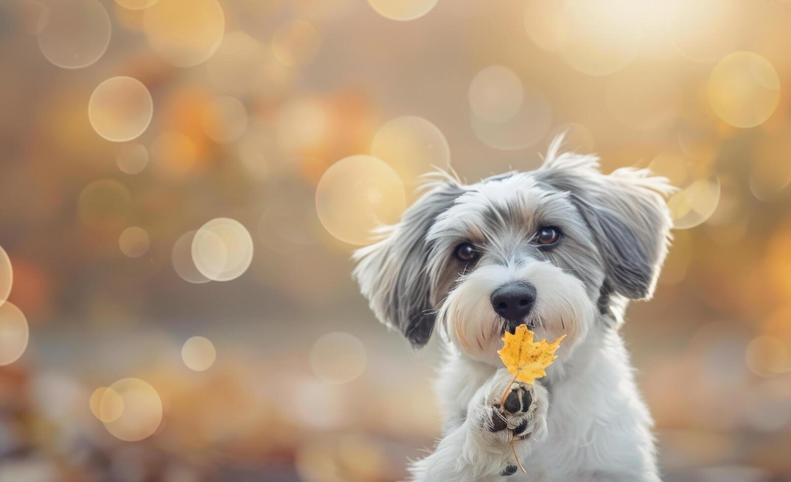 Dog Walking With Leaf in Mouth Among Autumn Leaves in Park photo