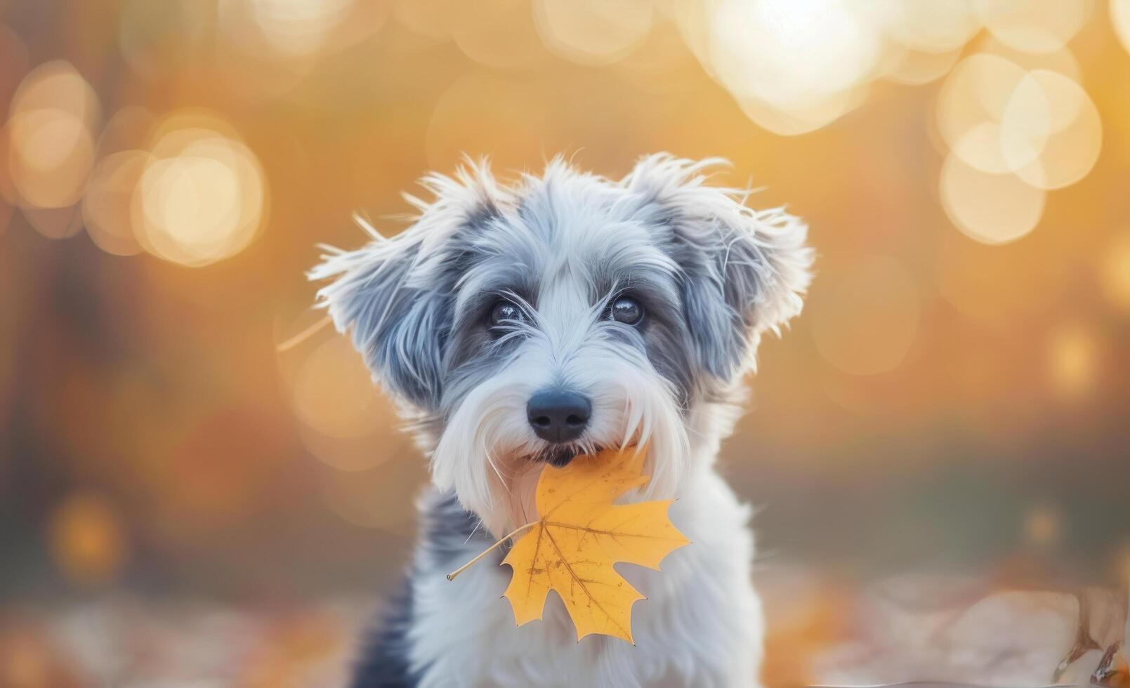 Dog Walking With Leaf in Mouth Among Autumn Leaves in Park photo