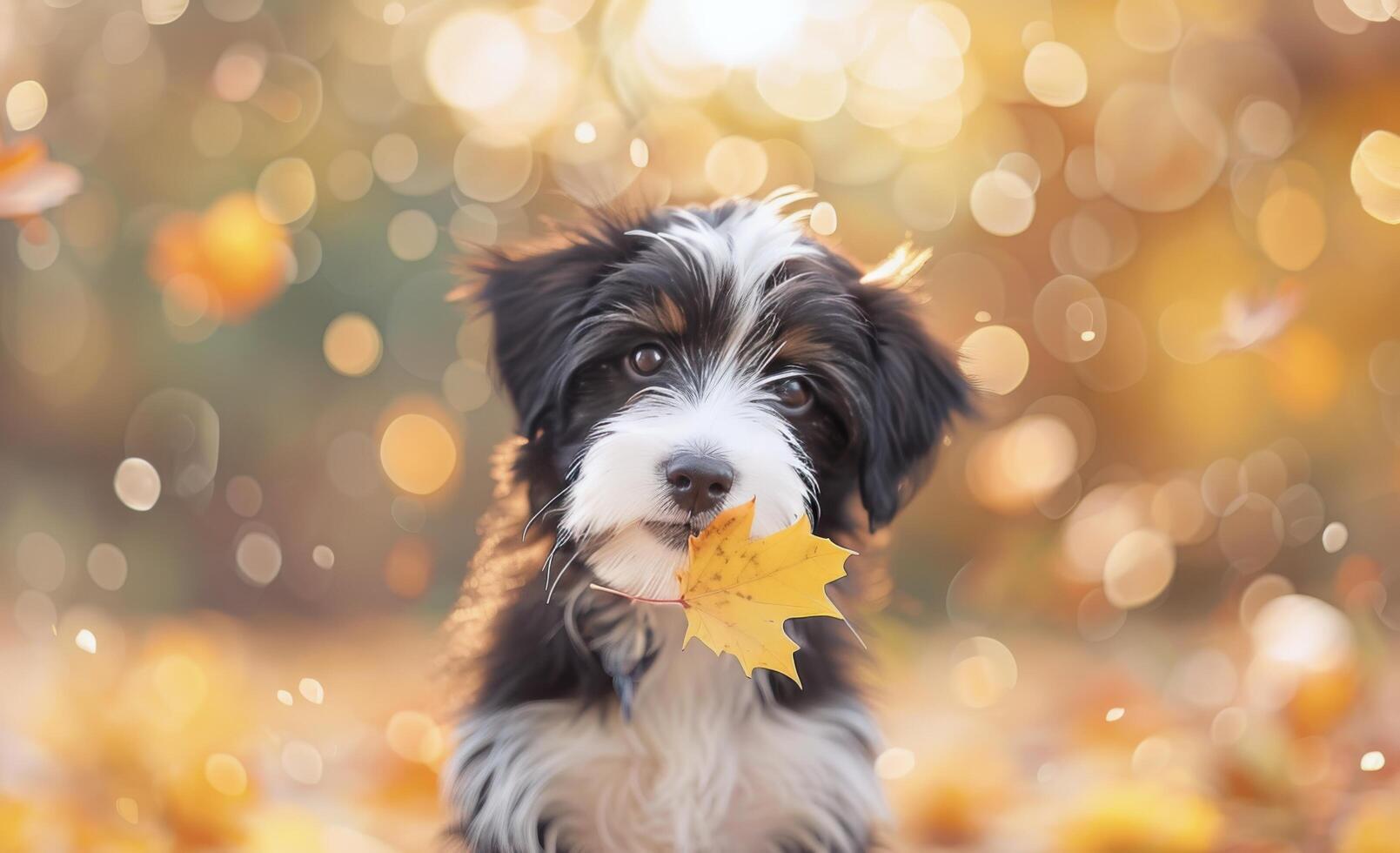 Dog Walking With Leaf in Mouth Among Autumn Leaves in Park photo