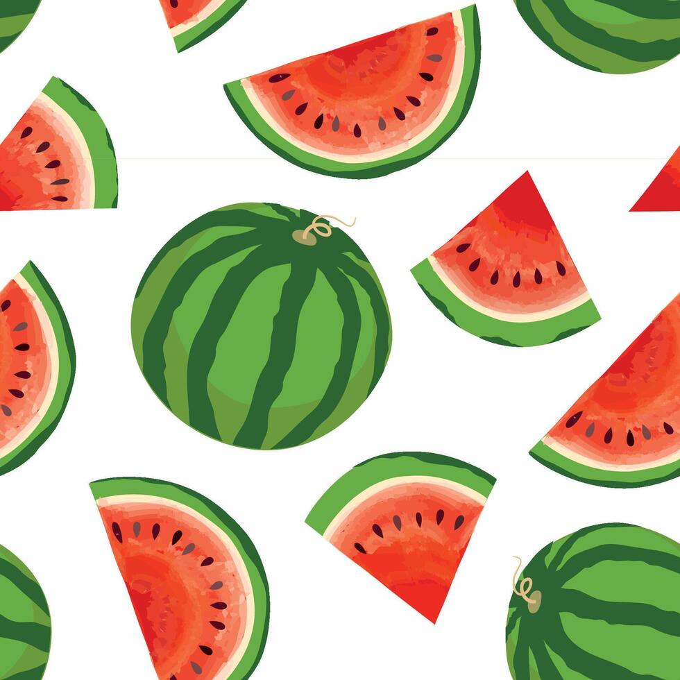 Fruit pattern. Watermelon sliced pieces and whole berry seamless summer food background.e. Summer bright design vector