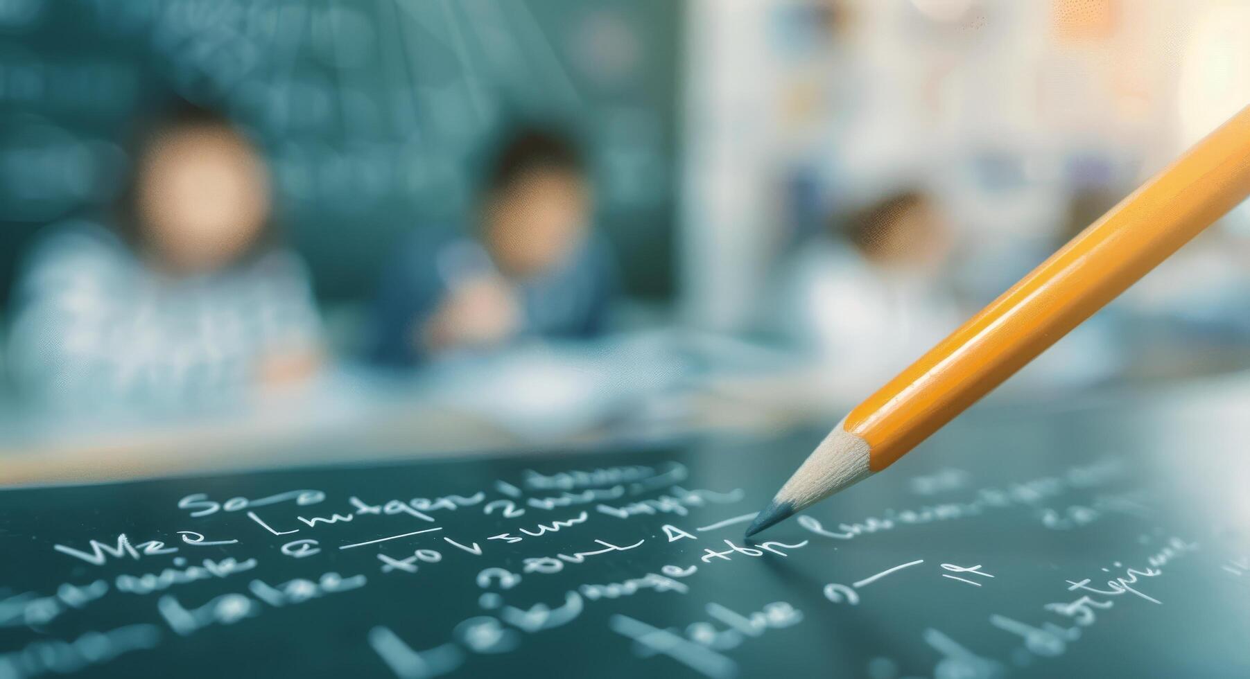 School Classroom Setting With Focus on Writing on Chalkboard photo