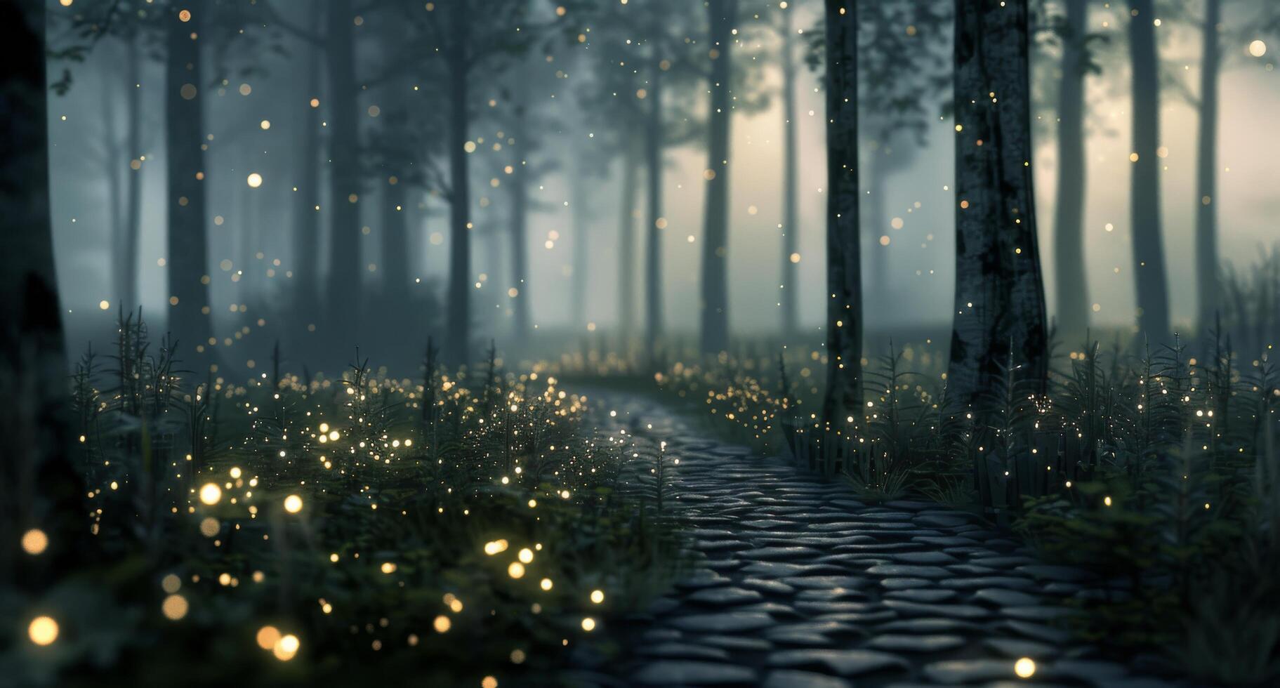 Enchanted Pathway Illuminated by Glowing Lanterns at Dusk in a Mystical Forest photo