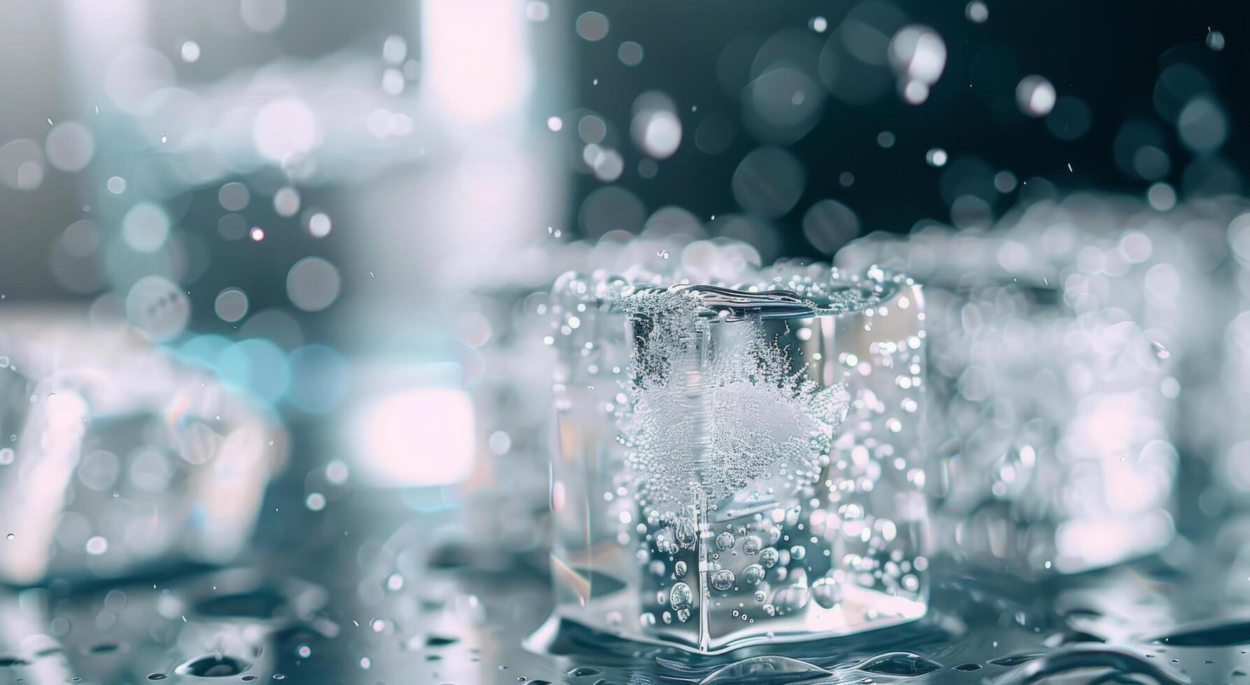 Ice Cubes Forming Bubbles in Water on a Dark Background photo