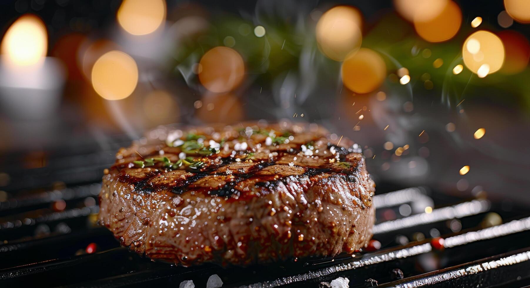 Grilled Steak on a Plate With Herb Garnish Near an Open Flame at Dusk photo