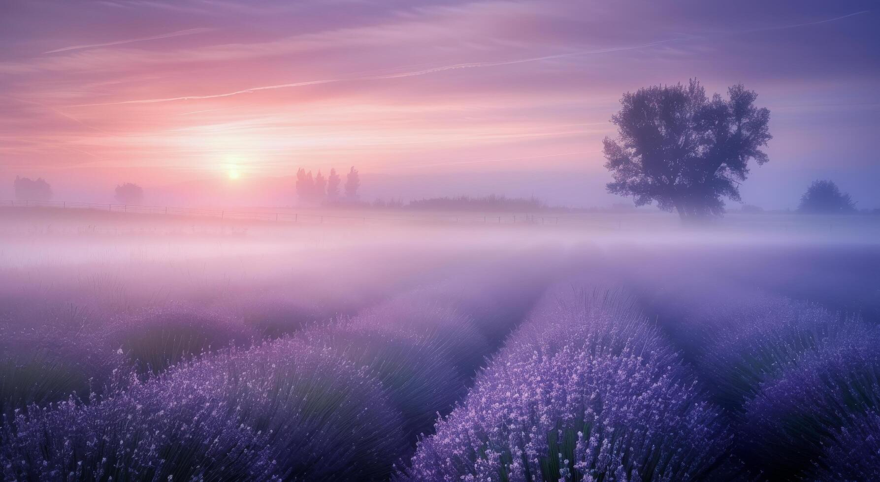Lavender Field at Sunrise With Soft Fog and Gentle Light photo