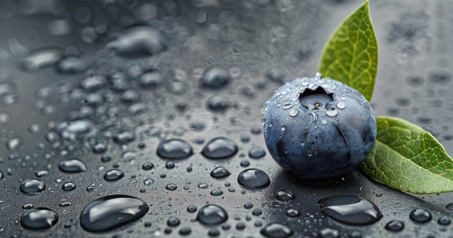 Fresh Blueberry With Water Droplets and Mint Leaves on Dark Surface photo