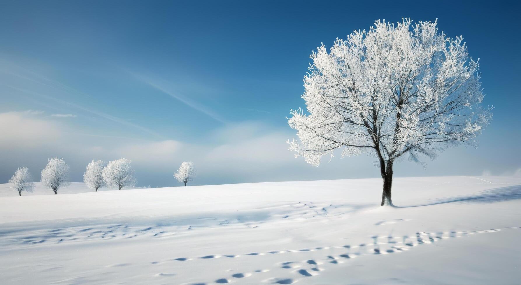 Snow-Covered Landscape With Frosty Trees and Footprints During Winter Morning photo