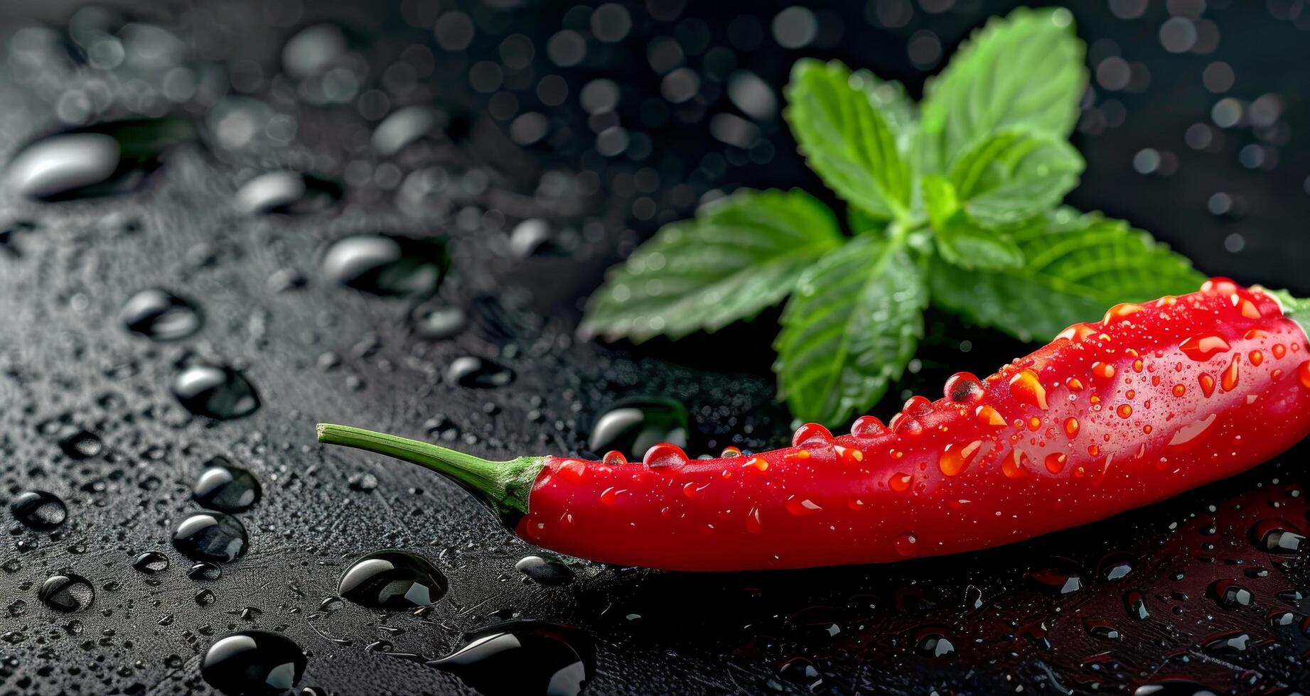 Fresh Red Chili Peppers and Basil Leaves With Water Droplets on Dark Surface photo