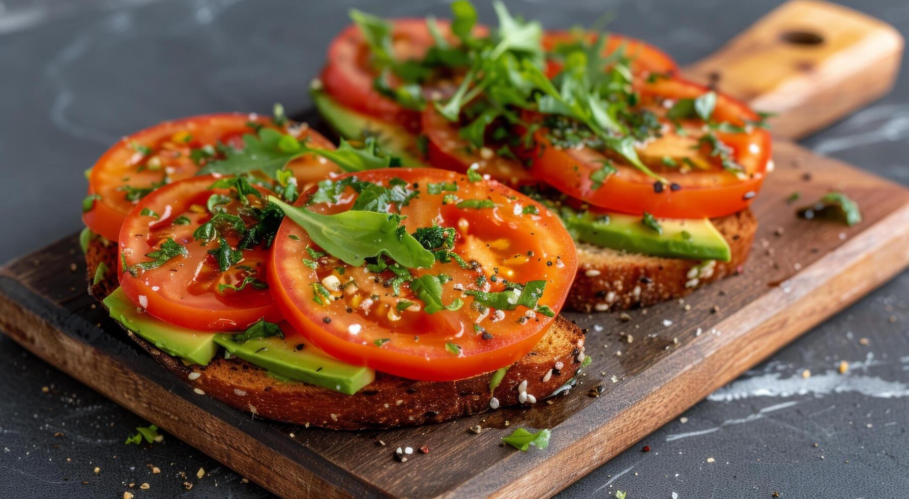 Fresh Tomato and Avocado Stacks on Toast With Herbs and Spices photo